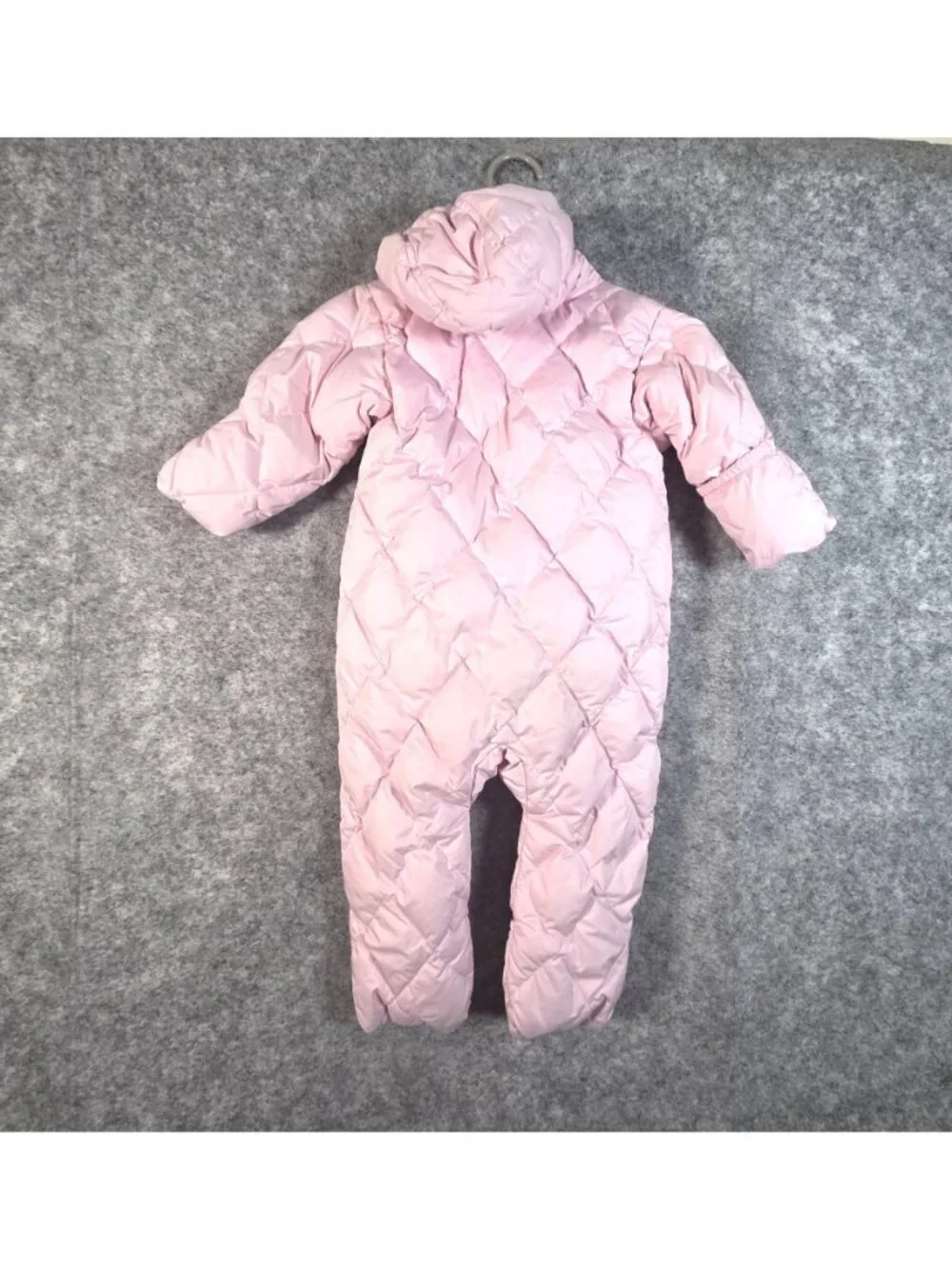 Lands’ End Baby Pink Quilted Hooded Snowsuit Fold Over Mittens Booties 12-18 Mon